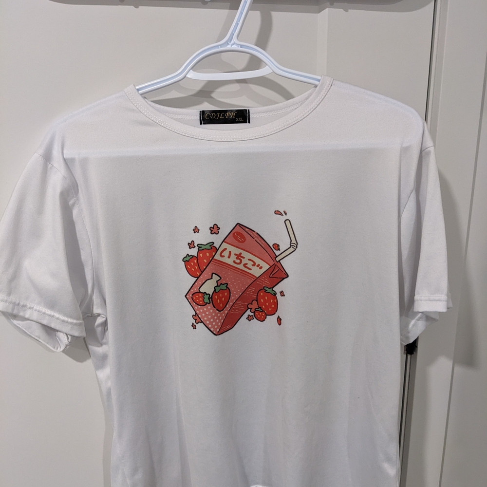 White T-Shirt with Strawberry Milk Graphic